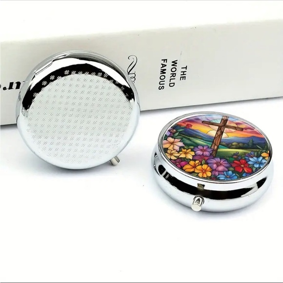 Stained glass style Colorful Floral Cross Round Pill Box stainless steel new! - Picture 4 of 8